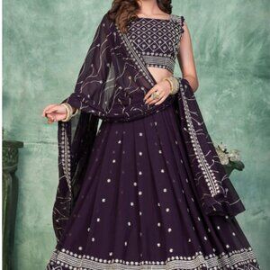 Embroidered Dark Purple Georgette Flared Style Lehenga